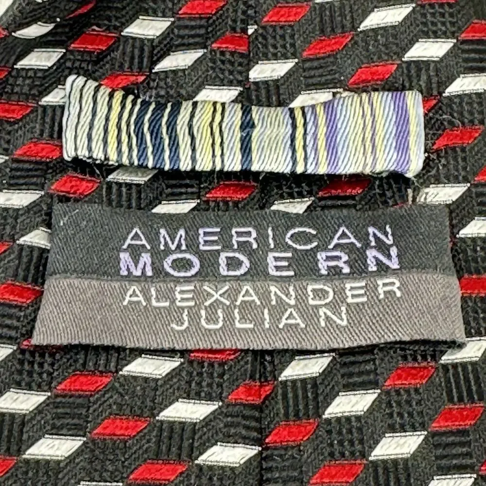 Alexander Julian Tie Mens in Red White Blue Diagonal Diamond Silk Wide